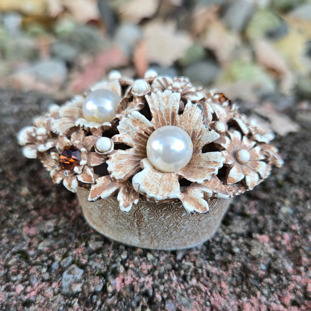 Florenza Floral Trinket‎ Dish, Pearls, Rhinestones, Vintage Vanity Decor